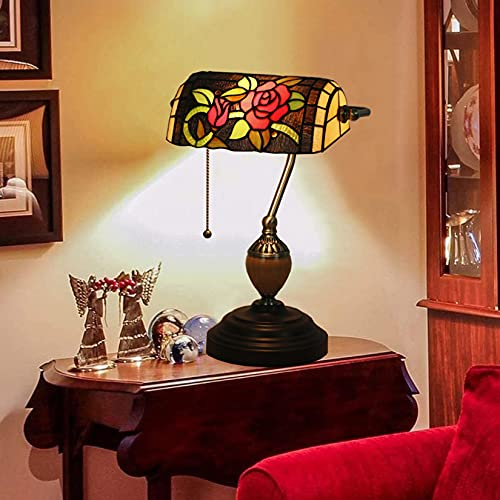 AIBOTY Bankers Lampe Tiffany Schreibtischlampe handgefertigte Glasmalerei Tischlampe Metall Basis Vintage Rosen Klavier Leselampe für Nachttisch Wohnzimmer Büro Schlafzimmer, Bibliothek,c