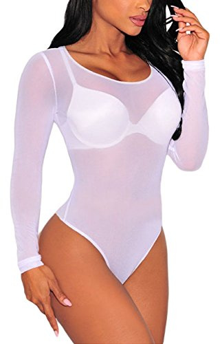 MAYFASEY Body sexy pour femmes à manches longues en maille transparente combinaison body top maillot, 1-blanc, M