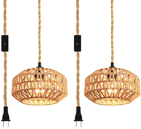 IHENGYANLT 2 Pack Plug in Pendant Light Rattan Hanging Lamp with Switch,Mini Rattan Boho Semi Flush Mount Ceiling Light,Hand Woven Hallway Light Fixtures for Bedroom Entryway