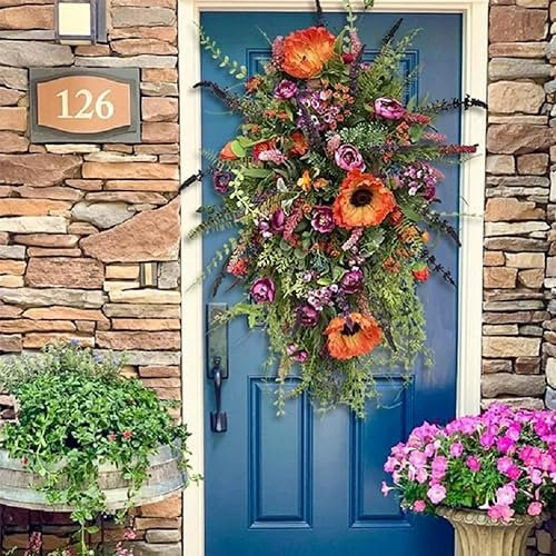 Autumn Wreath Spring Summer Front Door Sunflower Floral Teardrop Wreath Artificial Floral Wreath For Home Wedding Rustic Cottage Mailbox Decor Halloween Wreaths for Front Door UK (Orange #5, One Size)