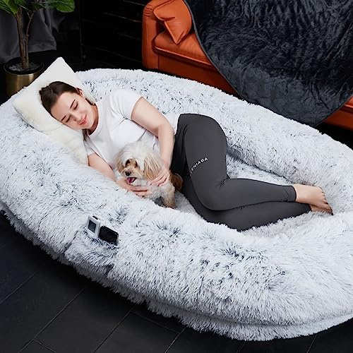 M-V-O Faux Fur Human Pet Bed, Fluffy Fleece Snuggle Dog Bed For Adults and Kids, Orthopaedic Soft Cosy Comfortable Beds, Anti Allergy Bean Bags Hugg Snug Pet Bed (Adult size: 173 x 96 x 30cm)