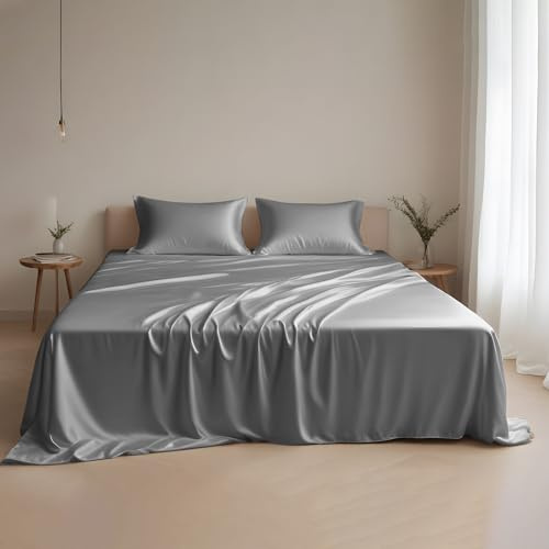 LINENWALAS 100% Eucalyptus Silk Bed Sheet Set, Luxury Tencel Lyocell Cooling Sheets Softer than Egyptian Cotton Bedding – Satin Natural Moisture Wicking, Anti-Allergy (Single, Light Grey)