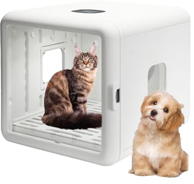 Kindevieft Box Asciuga Peli Automatico per Gatti E Cani di Piccola Taglia, Box Asciugacapelli Efficiente A 360°, Asciugatore Ultra Silenzioso da 65 Litri, Temperatura E Tempo Regolabili