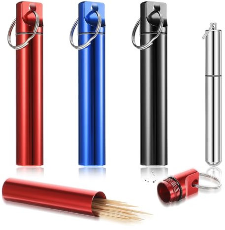 Gjinxi Lot de 4 Porte-Cure-Dents Portables Robustes et Sûrs En Aluminium Avec Porte-Clés pour Pique-Nique en Plein Air et Camping Bleu Rouge