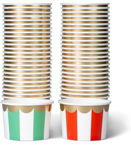 Gobelets à crème glacée en papier, 50 unités, 250 ml, assiettes jetables pour desserts chauds ou froids, fournitures de fête de Noël à rayures rouges et vertes, motif doré, rainures festonnées