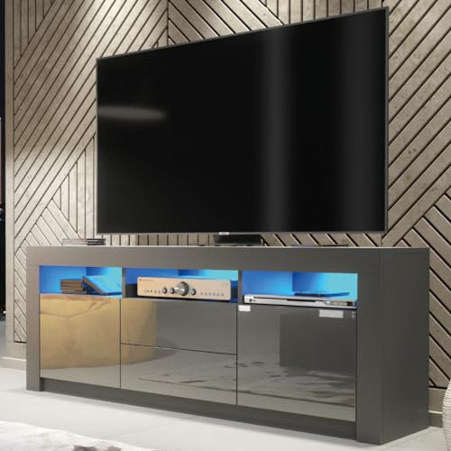 Creative Furniture TV Unit 160cm Dark Grey Modern Stand Gloss Doors + LED