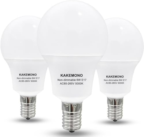 KAKEMONO E17 Intermediate Base 6W LED Bulbs, 60watts Halogen Equivalent, Non-Dimmable R14 Ceiling Fan Light Bulbs, Daylight White 5000K,Pack of 3