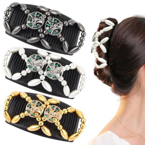 TPTGIAR 3 Stück Haarkamm zum Stecken, Elastische Haarspangen Damen, Modischer Haarklammer, Dehnbarer Haarschmuck, Haarspange mit Handperlen für das Tägliche Ankleiden Haarstyling