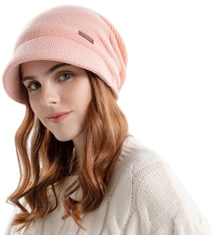 AYPOW Stickad säckig vintermössa för kvinnor, fleecefodrad, varm, termisk mössa med brätte, pullover, öronskyddshatt, basker, hatt, ”newsboy”-keps, daglig vintrig utomhushatt för damer, Rosa, one size