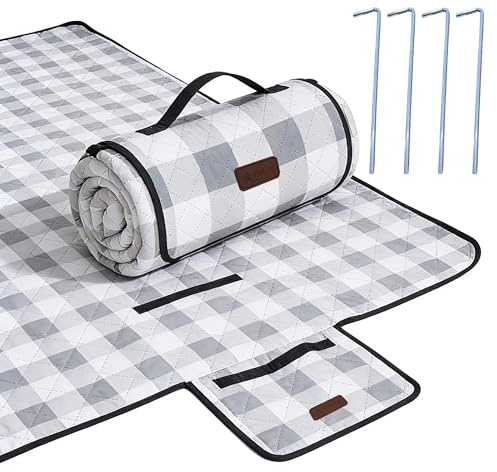 HX&OD Picknick-Outdoor-Decke, extra groß, 203,2 x 203,2 cm, wasserdicht, faltbar, Gingham-Picknickmatte für Strand, Camping, Gras, Rasen, Park, Zubehör, niedliche Paarideen, Hochzeit (Grau, 203,2 x