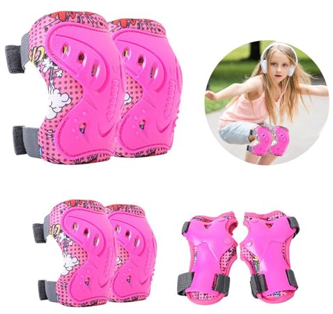 Knäskydd för barn, Sonwaha-skydd, inlines, barn, 7–12 år, inlines, skydd för barn med knäskydd, armbågsskydd och handledsskydd, knä och armbågsskydd, barnskydd (rosa)
