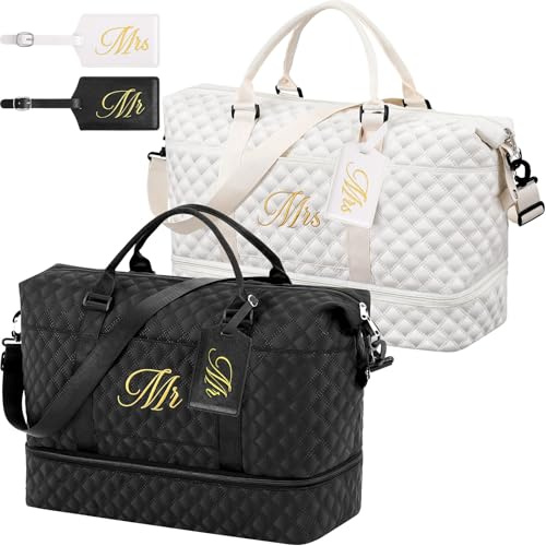 Dansydaisy 4 Pcs Duffel Bag Set Include 2 Honeymoon Travel Bags with Shoe Compartment and 2 Luggage Tags(Mr and Mrs,Black,White)