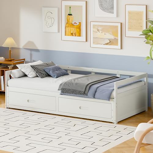 Shye Sofá cama extensible con cajones y somieres, cama de pino con espacio de almacenamiento, 90/180 x 200 cm (blanco)