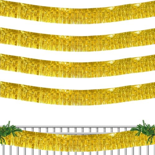 Dorado Guirnalda de Flecos, Cortina de fiesta dorada metálica con flecos brillantes - 4 paquetes, 0.3m de ancho, 3m de largo, reutilizable, fácil de instalar, Adecuado para diversas actividades