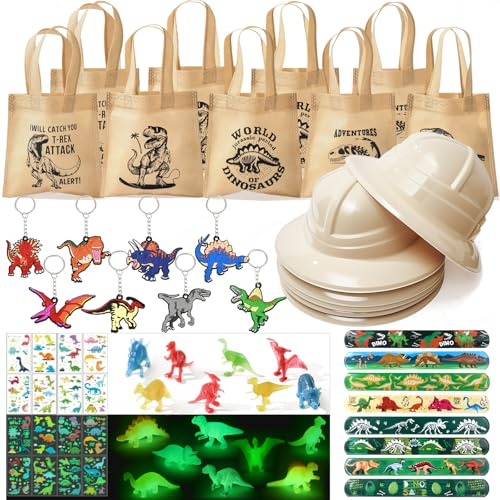 Dino Party Mitgebsel Kindergeburtstag mit Abenteurerhut Geschenktüten Schlüsselanhänger Dinosaurier Figuren Tattoos Schnapparmband Dinosaurier Mitbringsel Kindergeburtstag Gastgeschenk Pinata Füllung