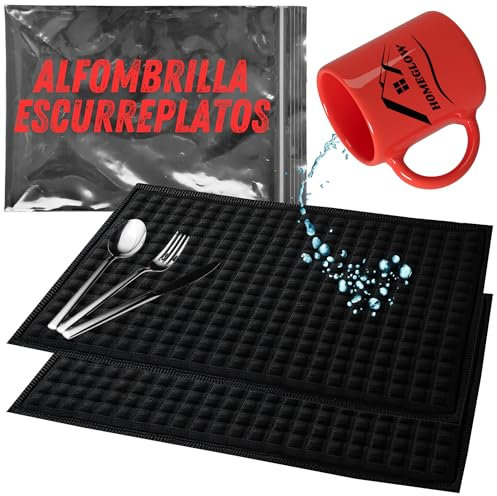 HOMEGLOW Alfombrillas Escurreplatos de Microfibra Negra 51x38 cms · Pack de 2 · Antideslizante y Absorbente · Para la Encimera de Cocina · Secado de Platos, Vasos, Cubiertos y Utensilios Delicados (2)