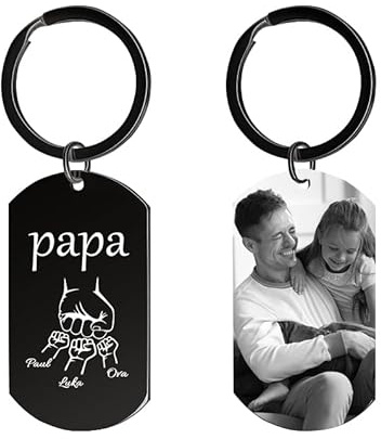 Cadeau Papa Porte-Clés Fete des Peres Personnalisés Photo, Idee Cadeaux Fête des Pères Original Porte Clef Personnalisable Nom Gravure Avec Motif Poing, Cadeaux Anniversaire Papa, Homme