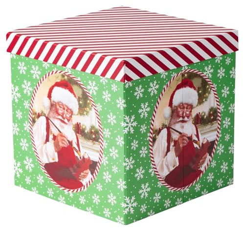 RUSPEPA Weihnachtsgeschenkbox mit Deckel, klassisches Weihnachtsmann-Gemälde im Vintage-Stil, mittelgroße, faltbare Weihnachtsgeschenkbox mit Schleife, 23 x 23 x 23 cm, 1 Stück