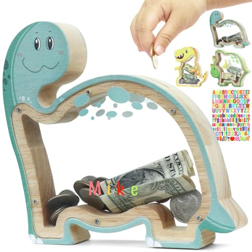 DBPBToU Spardose Kinder aus Holz Spardose Dino (Blau) | Sparschwein Durchsichtig für Kinder, Personalisierte Aufkleber