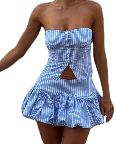 Conjunto de falda de verano de 2 piezas para mujer, sin tirantes, ajuste delgado, con botones, a rayas, ombliguera Y2K, minifalda hinchada, azul, S