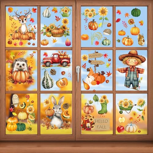 99 Stück Fensterbilder Herbst Selbstklebend – Herbstdeko Fenster Kürbis & Tiere, Abnehmbare Herbst Aufkleber, Herbstdeko Innen für Kinderzimmer, Wohnzimmer, Fall & Thanksgiving Decoration