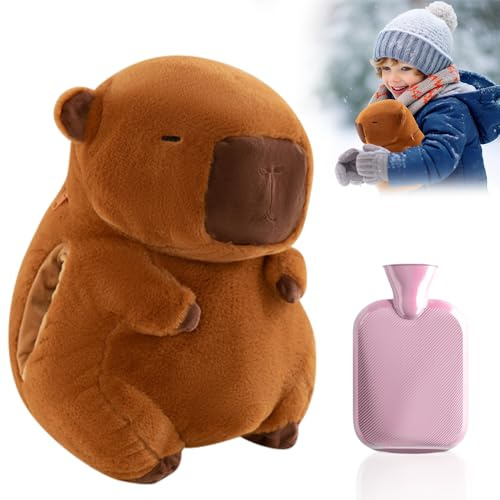 HOVCEH Capybara Wärmflasche, Süße Capybara Wärmflasche Tier, CapybaraKuscheltier mit Einer 500 ml Fassenden W-ärmflasche, Kuscheltier mit W-ärmflasche, Geschenke für Kinder & Erwachse