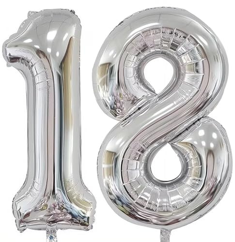Ballon Chiffre 18 Argenté, Foil Numero 18 Ballon 101cm - Gonflable Ballons Numéro 18 Ansniversaire Fête Decoration - Supporte helium Argenté