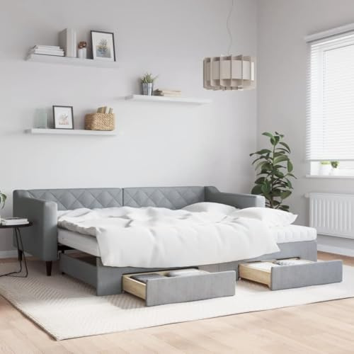 Amorsee Tagesbett Ausziehbar mit Matratze, Schubladen, Schlafsofa Ausziehbett 2-in-1, Einzelbett 90 x 200 cm, Sofabett, Gästebett für Schlafzimmer Wohnzimmer Hellgrau