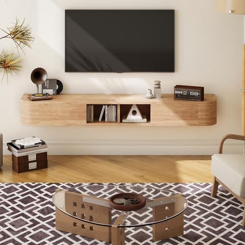 KamerOut Schwebendes TV-Regal, 160 cm Wandmontiertes TV-Board mit Stauraum & Abgerundeten Ecken, Hängendes Medienboard mit Türen für Schlafzimmer und Wohnzimmer (Naturholzfarbe)