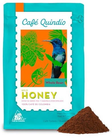 Café Quindío - Cafe Especialidad Molido, 100% Arábica Colombia - ideal para cafetera goteo, prensa francesa o V60 (250 g, Miel) | Tostado medio: ideal para café de filtro, prensa francesa o V60 (250 g, miel suave)