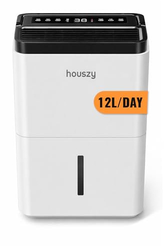 Houszy Dehumidifier for Bedroom, 12L, Quiet Compressor, Display, Timer | 12L, auto defrost, full tank alert, laundry mode. Home, bathroom, and small room use.