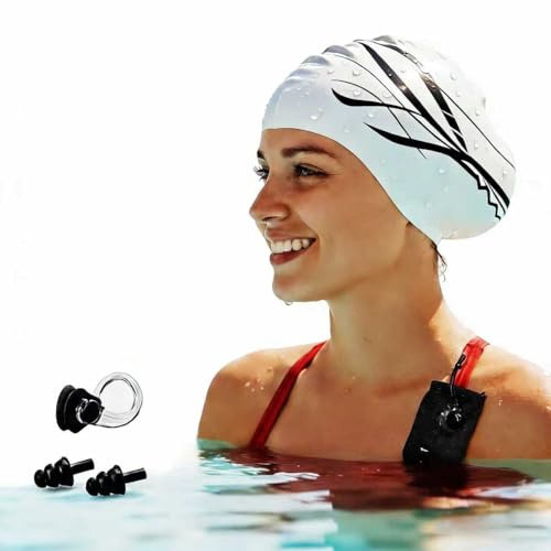 Extra Large White Silicone Swim Cap for Long Hair - Odor-Free, 3D Molded Ear Pockets, Non-Slip Ultimate Fit for Women & Men Adults