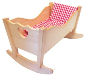 Wenzel 350012 – dockvagga Diana av bokträ, ca 58 x 43 x 37 cm, docksäng inkl. 3-delat bäddset röd-vit rutigt, för barn från 18 månader