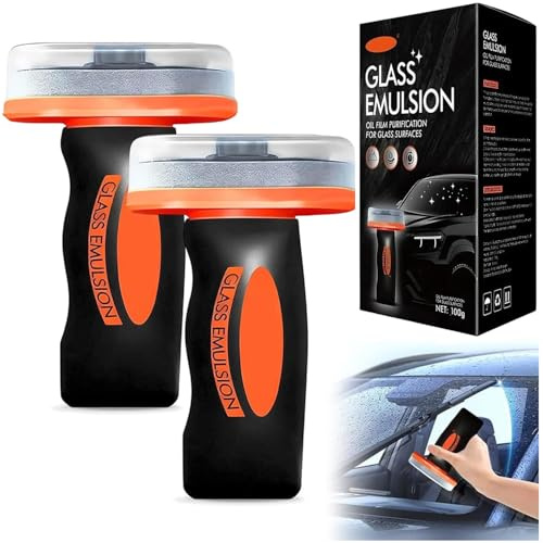 2PCS Car Glass Oil Film Remover, Glass Emulsion Cleaner, Car Window Cleaner, Hand Held Glasss Emulsion Cleaners, Anti-Rain Fog Brush for Car, Windows, Mirrors, and Glass Surfaces
