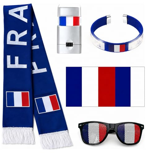 AHEZQILU Kit Supporter France 5 Pièces Maillot Equipe de France Foot 2026, France Écharpe Bracelet Lunettes Bandeau et Plus, Accessoires Fan France 2026, Kit Supporter pour Stade Fête
