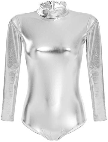 FYMNSI Damen Glänzende Ballettanzug Ballettbody Sport Tanz Body Gymnastikanzug Trikot Langarm Bodysuit Metallic Wetlook Einteiler Turnanzug Leotards Overall Lack Leder Oberteile Top Kostüm Silber S
