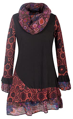 Vishes - Alternative Bekleidung - Damen Langarm Mandala Rüschen-Kleid mit Kapuzenschal