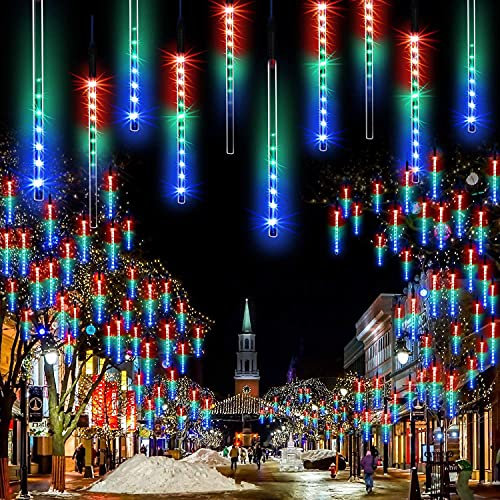 KINGCOO 288LED Meteorschauer Regentropfe Lichter, Wasserdicht 30cm 8 Tubes Schneefall Eiszapfen Lichtschläuche Solar Lichterkette für Garten Hochzeit Neujahr Party Weihnachtsbaum (Merhfarbig)