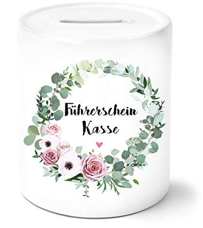 OWLBOOK Führerschein Kasse mit Blumenkranz Spardose Personalisiert mit Namen Geschenke Geschenkideen für Jungs und Mädchen zum Geburtstag