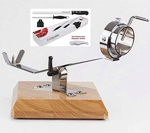 HIDALGO Soporte JAMONERO BASCULANTE con Base Madera Fresno + Set DE Corte 3 CLAVELES