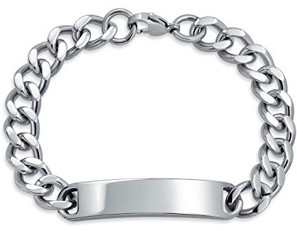 Bling Jewelry Identification Tag Name Plated Curb Cuban Link Chain ID Bracelet For Men Personalized Name Engraved Silver Tone Stainless Steel 7.5, 8, 8.5 Inch