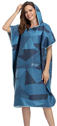 FLYILY Toalla de Microfibra para Poncho de Surf con Capucha Bata de Baño para Nadar y Cambiarse en La Playa(NavyGeometry,L)