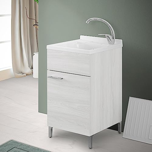 Inbagno Lavatoio con mobile e vasca in Resina resistente agli acidi, Completo di ASSE di Lavaggio e Kit sifone + piletta (45x50 cm 1 Anta, Bianco Venato)
