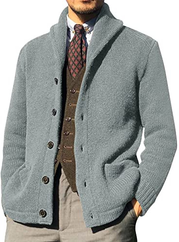 Mens Shawl Collar Cardigan Sweaters Button Down Cable Knitted Loose Fit Knitwear Open Front Sweaters Winter Outwear Gray
