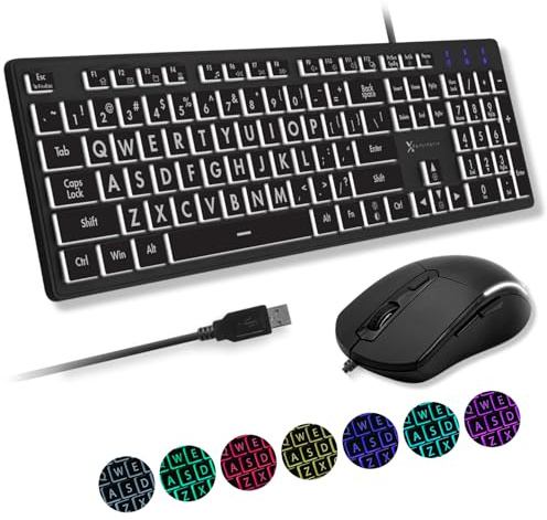 X9 Wired Keyboard and Mouse Combo - Large Print Backlit Keyboard and Mouse for Elderly, Low Vision, Visually Impaired - 7 LED Light Up Color, Lighted Large Letters for Laptop PC Computer USB