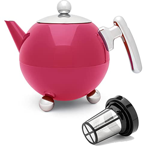 Bredemeijer Teekanne Set 1,2 Liter Pink - Edelstahl doppelwandig - große Edelstahlkanne mit Tee-Filter-Sieb-Aufsatz für losen Tee