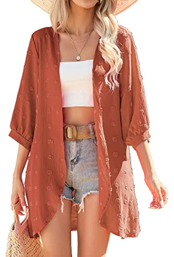 Yekaty Womens 3/4 Sleeve Kimono Tops Orange Lightweight Open Front Cardigan