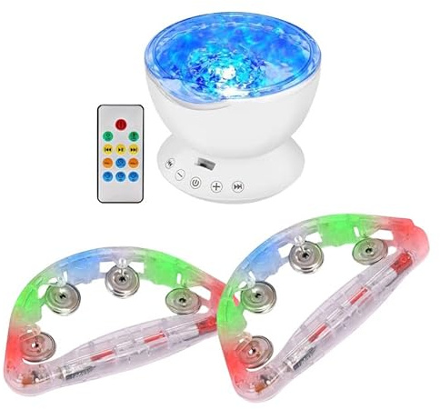 Playlearn Ocean Wave Projector Lamp Night Light with Remote Control Music Speaker & 2 x Light-Up Tambourines Visual/Audio Sensory LED Music Toy for Kids Adults Bedroom