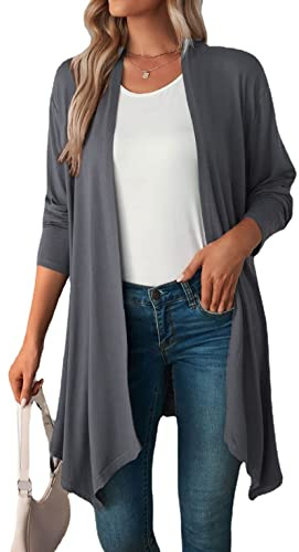 Famulily Ladies Draped Front Open Cardigans Casual Long Sleeve Lightweight Autumn Cardigan Sweaters Duster Dark Gray M