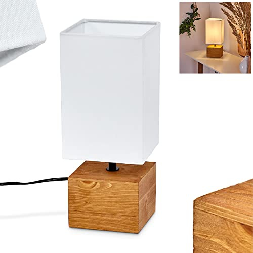 Tischleuchte Geneva, Nachttischlampe aus Holz/Stoff in Natur/Weiß, Tischlampe 1-flammig im skandinavischen Design, 1 x E27, Länge 12,5 cm, Leucht m. An-/Ausschalter am Kabel, ohne Leuchtmittel